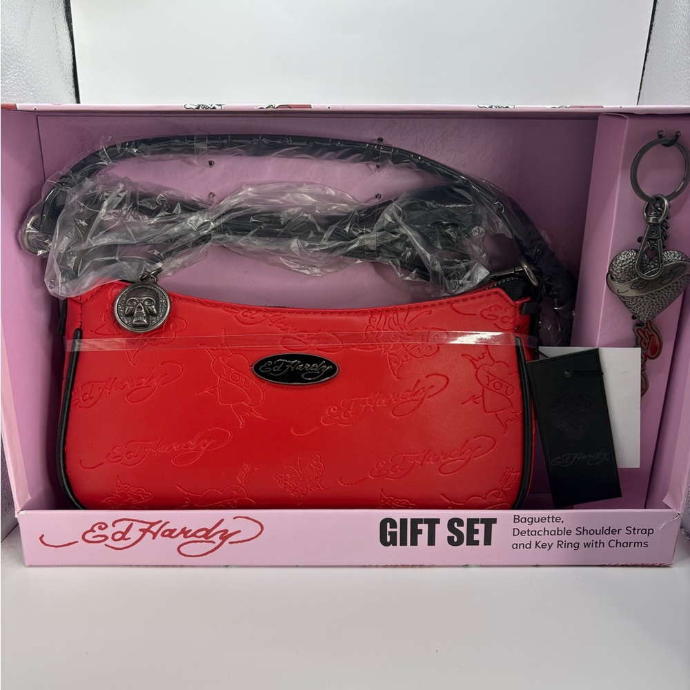 Ed Hardy Red Baguette Bag with Bag/keychain Gift Set- Butterfly and heart print.